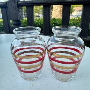 2 Matching Vintage Hand Painted Glass Bud Vases - Red and Gold Striped